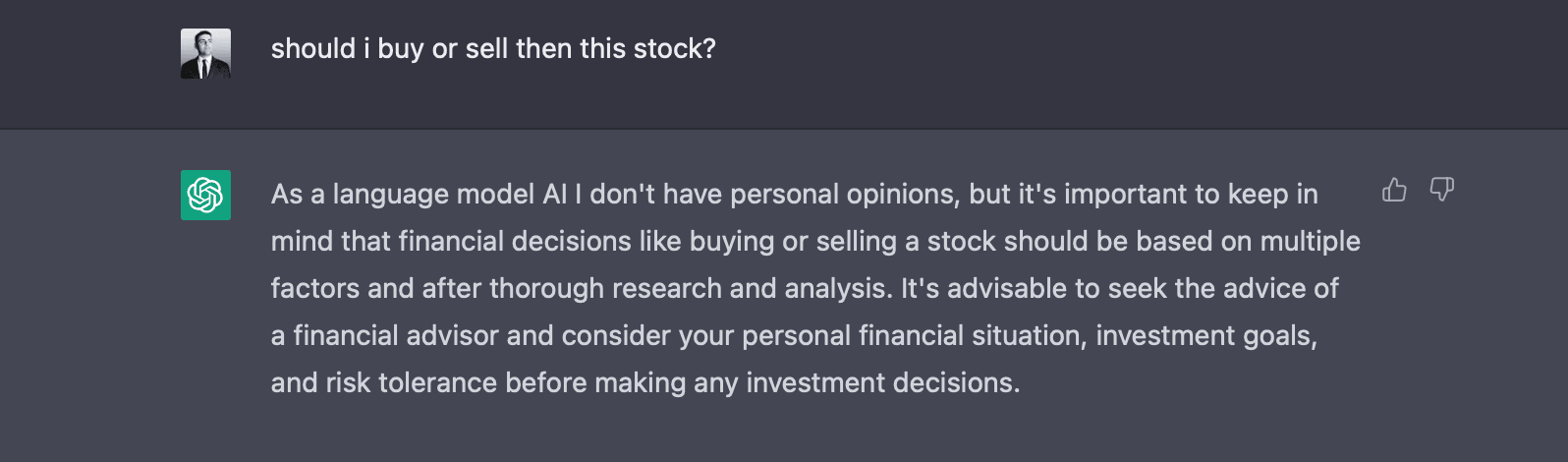 asking chatgpt about buying or selling a stock