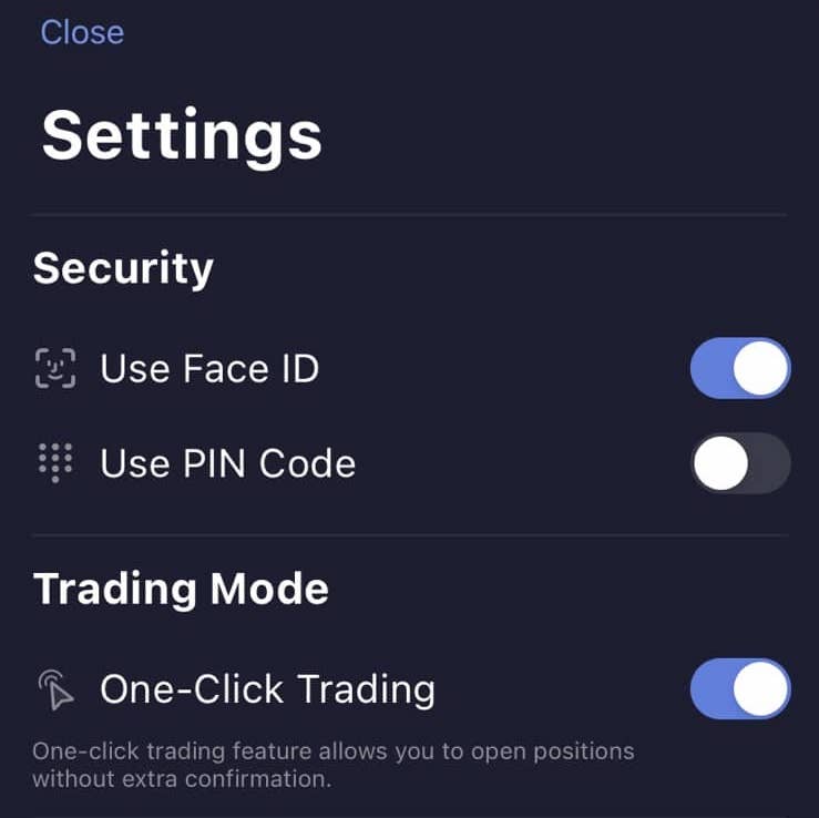 enable one click trading on the app settings